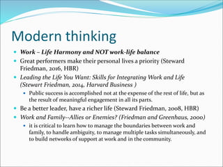 Modern thinking
 Work – Life Harmony and NOT work-life balance
 Great performers make their personal lives a priority (Steward
Friedman, 2016, HBR)
 Leading the Life You Want: Skills for Integrating Work and Life
(Stewart Friedman, 2014, Harvard Business )
 Public success is accomplished not at the expense of the rest of life, but as
the result of meaningful engagement in all its parts.
 Be a better leader, have a richer life (Steward Friedman, 2008, HBR)
 Work and Family--Allies or Enemies? (Friedman and Greenhaus, 2000)
 it is critical to learn how to manage the boundaries between work and
family, to handle ambiguity, to manage multiple tasks simultaneously, and
to build networks of support at work and in the community.
 