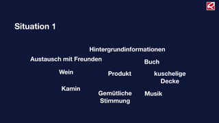 Produkt
Buch
Hintergrundinformationen
Austausch mit Freunden
Wein
Kamin
Gemütliche
Stimmung
Musik
kuschelige
Decke
Situation 1
 