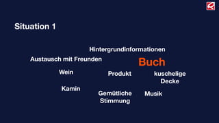 Produkt
Buch
Hintergrundinformationen
Austausch mit Freunden
Wein
Kamin
Gemütliche
Stimmung
Musik
kuschelige
Decke
Situation 1
 