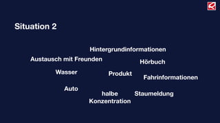 Situation 2
Produkt
Hörbuch
Hintergrundinformationen
Austausch mit Freunden
Wasser
Auto
halbe
Konzentration
Staumeldung
Fahrinformationen
 