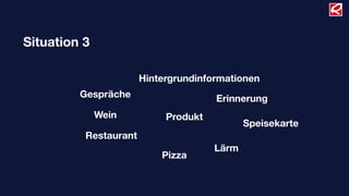 Situation 3
Produkt
Erinnerung
Hintergrundinformationen
Gespräche
Wein
Restaurant
Pizza
Lärm
Speisekarte
 