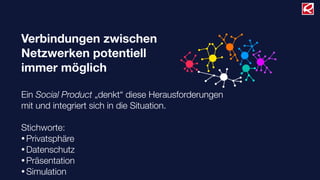 Verbindungen zwischen
Netzwerken potentiell
immer möglich
Ein Social Product „denkt“ diese Herausforderungen
mit und integriert sich in die Situation.
Stichworte:
• Privatsphäre
• Datenschutz
• Präsentation
• Simulation
 