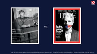 Der Mann
ohne
Geheimnisse
Viele Menschen fürchten um ihre Privatsphäre.
Rainer Wasserfuhr macht sich ganz und gar öffentlich.
Ein Treffen mit einem, der sein Leben
ins Netz verlagert hat.
Text: Jakob Vicari
Foto: Silvio Knezevic
vs.
Quelle: http://www.stern.de/blogs/schoene_neue_welt/ﬁles/8//2010/12/TIME-Cover-WikiLeaks2.jpgQuelle: http://www.brandeins.de/archiv/magazin/warenwelt/artikel/der-mann-ohne-geheimnisse.html
 