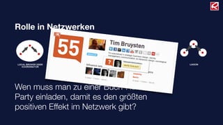 Rolle in Netzwerken
Wen muss man zu einer Buch-Release-
Party einladen, damit es den größten
positiven Effekt im Netzwerk gibt?
 