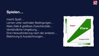 Spielen…
macht Spaß…
Lernen unter optimalen Bedingungen…
Klare Ziele & greifbare Zwischenziele…
Verständliche Umgebung…
Eine Herausforderung nach der anderen…
Belohnung & Auszeichnungen…
 