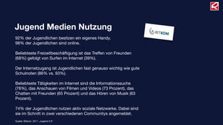 Jugend Medien Nutzung
92% der Jugendlichen besitzen ein eigenes Handy.
98% der Jugendlichen sind online.
Beliebteste Freizeitbeschäftigung ist das Treffen von Freunden
(68%) gefolgt von Surfen im Internet (39%).
Der Internetzugang ist Jugendlichen fast genauso wichtig wie gute
Schulnoten (86% vs. 93%).
Beliebteste Tätigkeiten im Internet sind die Informationssuche
(76%), das Anschauen von Filmen und Videos (73 Prozent), das
Chatten mit Freunden (65 Prozent) und das Hören von Musik (63
Prozent).
74% der Jugendlichen nutzen aktiv soziale Netzwerke. Dabei sind
sie im Schnitt in zwei verschiedenen Communitys angemeldet.
Quelle: Bitkom, 2011 „Jugend 2.0“
 