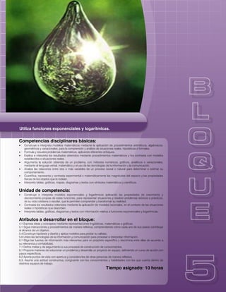 Utiliza funciones exponenciales y logarítmicas.


Competencias disciplinares básicas:
   Construye e interpreta modelos matemáticos mediante la aplicación de procedimientos aritméticos, algebraicos,
    geométricos y variacionales, para la comprensión y análisis de situaciones reales, hipotéticas o formales.
   Formula y resuelve problemas matemáticos, aplicando diferentes enfoques.
   Explica e interpreta los resultados obtenidos mediante procedimientos matemáticos y los contrasta con modelos
    establecidos o situaciones reales.
   Argumenta la solución obtenida de un problema, con métodos numéricos, gráficos, analíticos o variacionales,
    mediante el lenguaje verbal, matemático y el uso de las tecnologías de la información y la comunicación.
   Analiza las relaciones entre dos o más variables de un proceso social o natural para determinar o estimar su
    comportamiento.
   Cuantifica, representa y contrasta experimental o matemáticamente las magnitudes del espacio y las propiedades
    físicas de los objetos que lo rodean.
   Interpreta tablas, gráficas, mapas, diagramas y textos con símbolos matemáticos y científicos.


Unidad de competencia:
   Construye e interpreta modelos exponenciales y logarítmicos aplicando las propiedades de crecimiento y
    decrecimiento propias de estas funciones, para representar situaciones y resolver problemas teóricos o prácticos,
    de su vida cotidiana o escolar, que le permiten comprender y transformar su realidad.
   Contrasta los resultados obtenidos mediante la aplicación de modelos racionales, en el contexto de las situaciones
    reales o hipotéticas que describen.
   Interpreta tablas, gráficas, diagramas y textos con información relativa a funciones exponenciales y logarítmicas.


Atributos a desarrollar en el bloque:
4.1 Expresa ideas y conceptos mediante representaciones lingüísticas, matemáticas o gráficas.
5.1 Sigue instrucciones y procedimientos de manera reflexiva, comprendiendo cómo cada uno de sus pasos contribuye
al alcance de un objetivo.
5.4 Construye hipótesis y diseña y aplica modelos para probar su validez.
5.6 Utiliza las tecnologías de la información y comunicación para procesar e interpretar información.
6.1 Elige las fuentes de información más relevantes para un propósito específico y discrimina entre ellas de acuerdo a
su relevancia y confiabilidad.
7.1 Define metas y da seguimiento a sus procesos de construcción de conocimientos.
8.1 Propone maneras de solucionar un problema y desarrolla un proyecto en equipo, definiendo un curso de acción con
pasos específicos.
8.2 Aporta puntos de vista con apertura y considera los de otras personas de manera reflexiva.
8.3. Asume una actitud constructiva, congruente con los conocimientos y habilidades con los que cuenta dentro de
distintos equipos de trabajo.
                                                                       Tiempo asignado: 10 horas
 