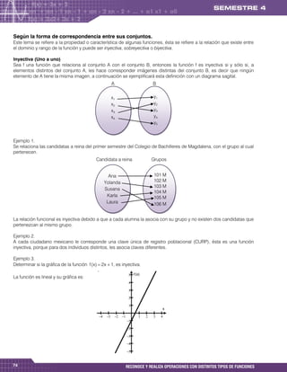 Según la forma de correspondencia entre sus conjuntos.
Este tema se refiere a la propiedad o característica de algunas funciones, ésta se refiere a la relación que existe entre
el dominio y rango de la función y puede ser inyectiva, sobreyectiva o biyectiva.

Inyectiva (Uno a uno)
Sea f una función que relaciona al conjunto A con el conjunto B, entonces la función f es inyectiva si y sólo si, a
elementos distintos del conjunto A, les hace corresponder imágenes distintas del conjunto B, es decir que ningún
elemento de A tiene la misma imagen, a continuación se ejemplificará esta definición con un diagrama sagital.
                                                          A                            B


                                                          x1                           y1
                                                          x2                           y2
                                                          x3                           y3
                                                          x4                           y4
                                                                                       y5


Ejemplo 1.
Se relaciona las candidatas a reina del primer semestre del Colegio de Bachilleres de Magdalena, con el grupo al cual
pertenecen.
                                             Candidata a reina                         Grupos


                                                      Ana                              101 M
                                                    Yolanda                            102 M
                                                                                       103 M
                                                    Susana
                                                                                       104 M
                                                     Karla                             105 M
                                                     Laura                             106 M


La relación funcional es inyectiva debido a que a cada alumna la asocia con su grupo y no existen dos candidatas que
pertenezcan al mismo grupo.

Ejemplo 2.
A cada ciudadano mexicano le corresponde una clave única de registro poblacional (CURP), ésta es una función
inyectiva, porque para dos individuos distintos, les asocia claves diferentes.

Ejemplo 3.
Determinar si la gráfica de la función f ( x )  2x  1, es inyectiva.

                                                                          f (x)
La función es lineal y su gráfica es:
                                                                         

                                                                         

                                                                         

                                                                         
                                                                                                x

                                                                                 
                                                                        

                                                                        

                                                                        

                                                                        

                                                                        



74                                                                      RECONOCE Y REALIZA OPERACIONES CON DISTINTOS TIPOS DE FUNCIONES
 