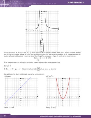  [f / g ](x)
                                                                    
                                                                    
                                                                    
                                                                    
                                                                    
                                                                    
                                                                    
                                                                                                          x

                                                                                  
                                                                   
                                                                   
                                                                   
                                                                   
                                                                   
                                                                   
                                                                   
                                                                   
                                                                   
                                                                   
Como el dominio de las funciones “f” y “g” es el conjunto de los números reales, por lo tanto, el de su división debería
ser los números reales, porque en todos sus puntos coinciden, sólo que se debe de excluir de él, los valores para los
cuales la función g(x) es cero, y como se observó en la gráfica, es para x=–1 y x=1, por lo tanto, el dominio es:
                                              Dom f  :  ,     1 1
                                                                         ,
                                                              
                                                             g
En el siguiente ejemplo se invertirá la división, para observar cuáles serían los cambios.

Ejemplo 2.
                                                         g
Si fx   x  4 y gx   x 2  1 determinar la función   x  , así como su dominio.
                                                         f

Las gráficas y los dominios de cada una de las funciones son:
fx   x  4                                                                   gx   x 2  1
                           f (x)                                                                               g (x)
                                                                                                              
                                                                                                              
                                                                                                              
                                                                                                              
                                                                                                              
                                                                                                              
                                                                                                              
                                                             x                                                                                   x

                                                                                                    
                                                                                                            
                                                                                                            
                                                                                                            
                                                                                                            

Domf :  ,                                                                Domg :  ,                
                                                                                                            
                                                                                                            
                                                                                                            
96                                                                                                
                                                                   RECONOCE Y REALIZA OPERACIONES CON DISTINTOS TIPOS DE FUNCIONES
 