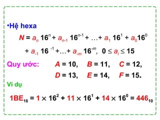 •Hệ hexa
Ví dụ
N = an 16
n
+ an-1 16
n-1
+ …+ a1 16
1
+ a016
0
+ a-1 16
-1
+…+ a-m 16
-m
, 0 ≤ ai ≤ 15
1BE16 = 1 × 16
2
+ 11 × 16
1
+ 14 × 16
0
= 44610
Quy ước: A = 10, B = 11, C = 12,
D = 13, E = 14, F = 15.
 