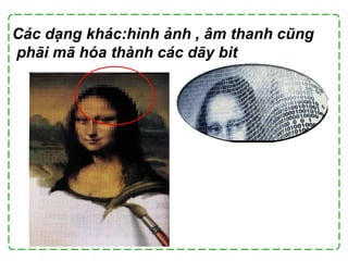 Các dạng khác:hình ảnh , âm thanh cũng
phãi mã hóa thành các dãy bit
 