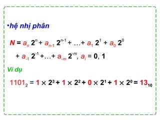 •hệ nhị phân
Ví dụ
N = an 2
n
+ an-1 2
n-1
+ …+ a1 2
1
+ a0 2
0
+ a-1 2
-1
+…+ a-m 2
-m
, ai = 0, 1
11012 = 1 × 23
+ 1 × 22
+ 0 × 21
+ 1 × 20
= 1310
 