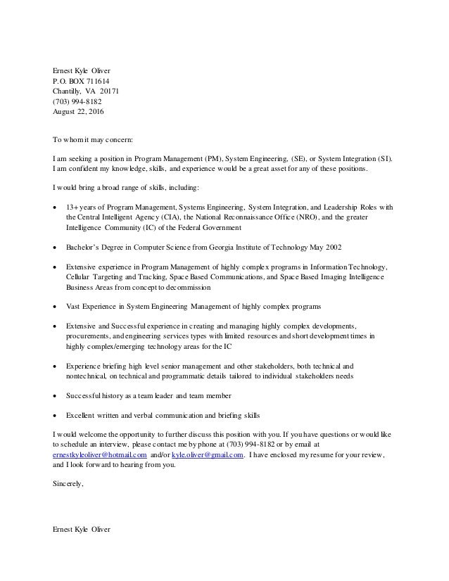 Ernest Kyle Oliver Cover Letter