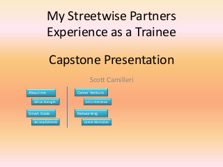 My Streetwise Partners
Experience as a Trainee
Scott Camilleri
Capstone Presentation
About me
Smart Goals
Clifton Strength
Accomplishment
Career Venture
Info. Interviews
Networking
Career Work plan
 