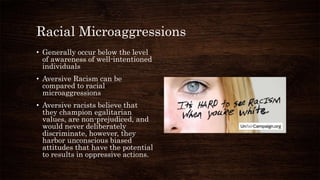 Racial Microaggressions
• Generally occur below the level
of awareness of well-intentioned
individuals
• Aversive Racism c...