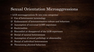 Sexual Orientation Microaggressions
• LGB microaggressions fit into nine categories:
1) Use of heterosexist terminology
2)...