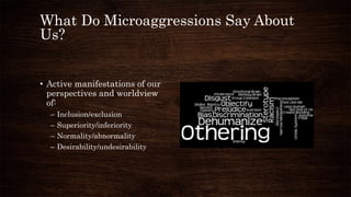 What Do Microaggressions Say About
Us?
• Active manifestations of our
perspectives and worldview
of:
– Inclusion/exclusion...