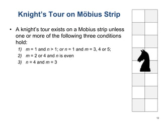 Knight’s Tour on Möbius Strip 
12 
• A knight’s tour exists on a Mobius strip unless 
one or more of the following three conditions 
hold: 
1) m = 1 and n > 1; or n = 1 and m = 3, 4 or 5; 
2) m = 2 or 4 and n is even 
3) n = 4 and m = 3 
 