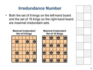 Irredundance Number 
• Both the set of 9 kings on the left-hand board 
and the set of 16 kings on the right-hand board 
are maximal irredundant sets 
22 
Maximal Irredundant 
Set of 9 Kings 
Maximal Irredundant 
Set of 16 Kings 
 
