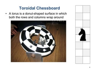 Toroidal Chessboard 
6 
• A torus is a donut-shaped surface in which 
both the rows and columns wrap around 
 