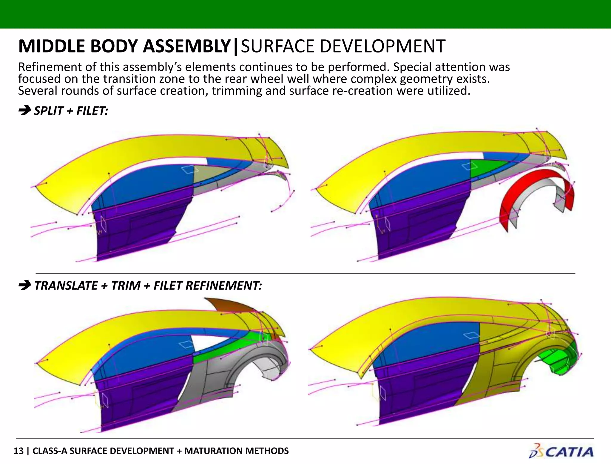 | CLASS-A SURFACE DEVELOPMENT + MATURATION METHODS13
MIDDLE BODY ASSEMBLY|SURFACE DEVELOPMENT
 SPLIT + FILET:
 TRANSLATE + TRIM + FILET REFINEMENT:
Refinement of this assembly’s elements continues to be performed. Special attention was
focused on the transition zone to the rear wheel well where complex geometry exists.
Several rounds of surface creation, trimming and surface re-creation were utilized.
 