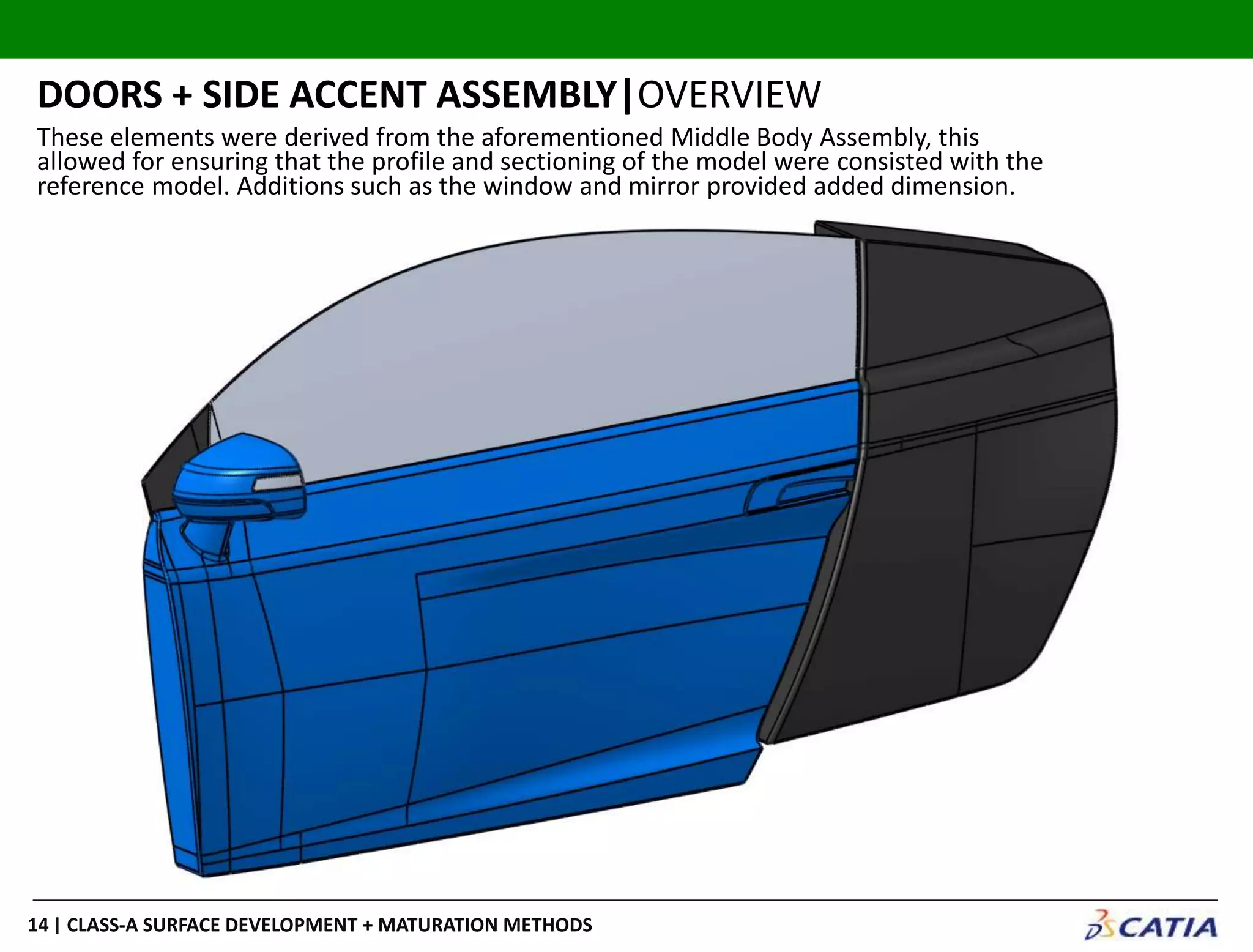 | CLASS-A SURFACE DEVELOPMENT + MATURATION METHODS14
DOORS + SIDE ACCENT ASSEMBLY|OVERVIEW
These elements were derived from the aforementioned Middle Body Assembly, this
allowed for ensuring that the profile and sectioning of the model were consisted with the
reference model. Additions such as the window and mirror provided added dimension.
 