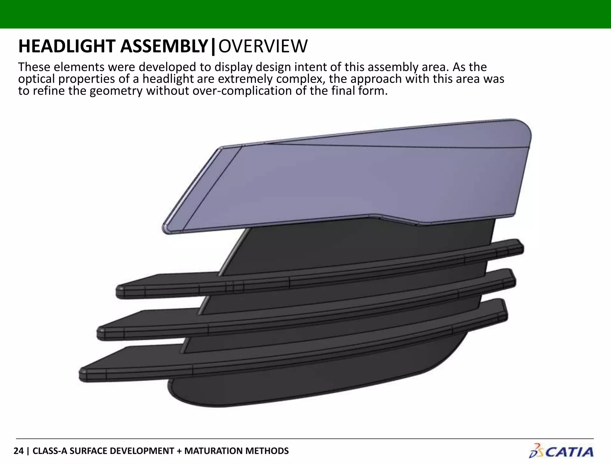 | CLASS-A SURFACE DEVELOPMENT + MATURATION METHODS24
HEADLIGHT ASSEMBLY|OVERVIEW
These elements were developed to display design intent of this assembly area. As the
optical properties of a headlight are extremely complex, the approach with this area was
to refine the geometry without over-complication of the final form.
 