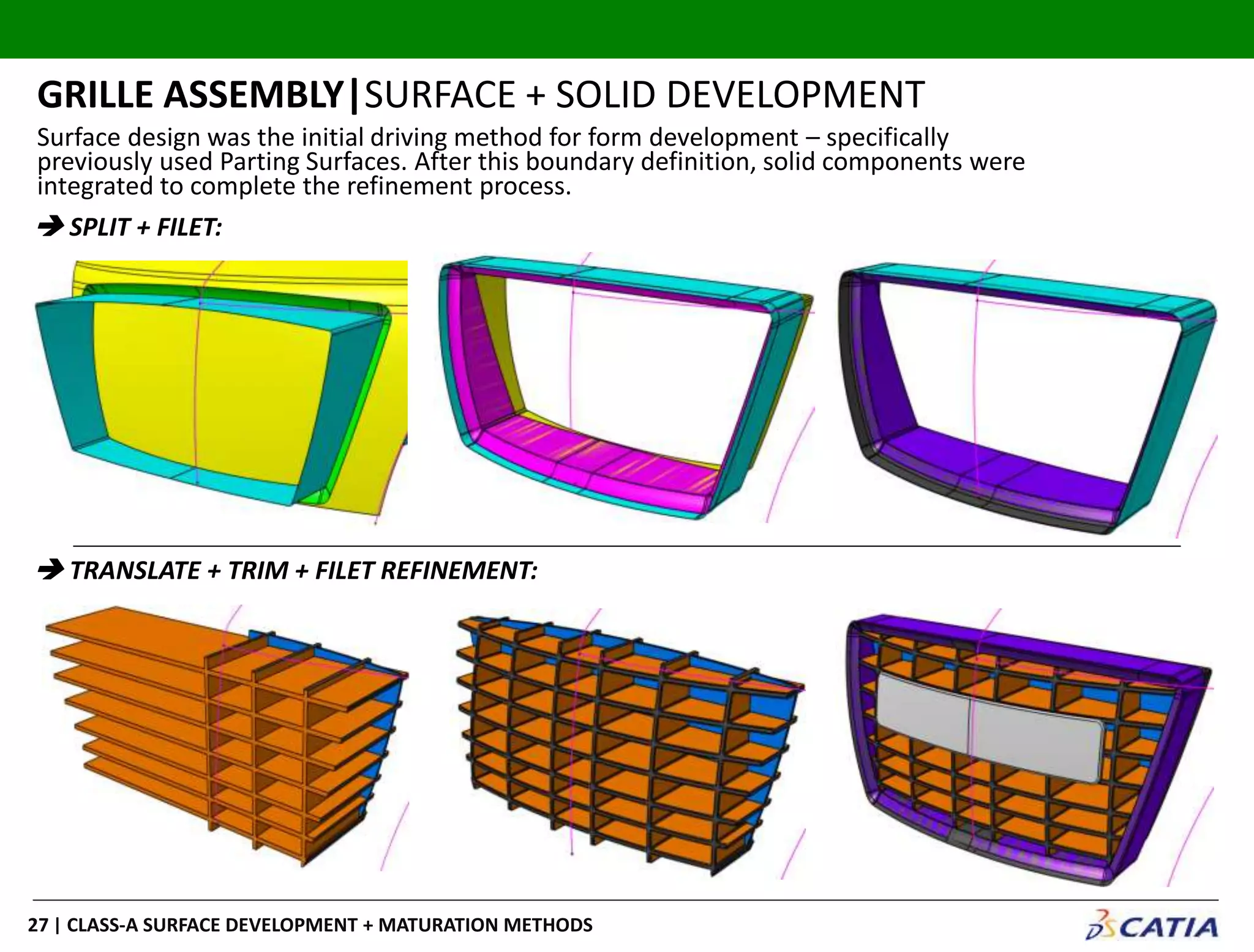 | CLASS-A SURFACE DEVELOPMENT + MATURATION METHODS27
GRILLE ASSEMBLY|SURFACE + SOLID DEVELOPMENT
 SPLIT + FILET:
 TRANSLATE + TRIM + FILET REFINEMENT:
Surface design was the initial driving method for form development – specifically
previously used Parting Surfaces. After this boundary definition, solid components were
integrated to complete the refinement process.
 