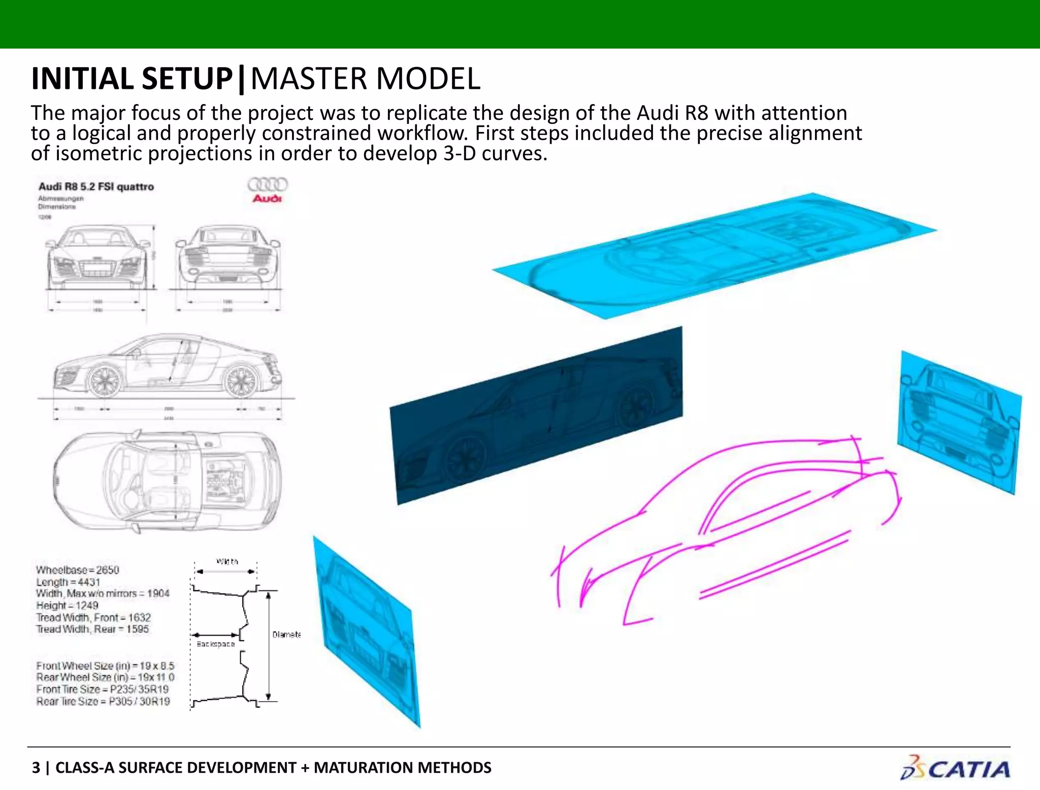 | CLASS-A SURFACE DEVELOPMENT + MATURATION METHODS3
INITIAL SETUP|MASTER MODEL
The major focus of the project was to replicate the design of the Audi R8 with attention
to a logical and properly constrained workflow. First steps included the precise alignment
of isometric projections in order to develop 3-D curves.
 