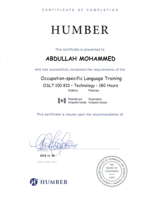 humber Certificate