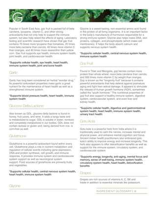 INGREDIENT GLOSSARY | 8
Popular in South East Asia, gac fruit is packed full of beta
carotene, lycopene, vitamin C, and other strong
antioxidants that not only help to support the immune
system, but also help retard the effects of aging. Laboratory
testing and scientific research have shown that gac fruit
contains 70 times more lycopene than tomatoes, 20 times
more beta carotene than carrots, 40 times more vitamin C
than oranges, and 40 times more zeaxanthin than yellow
corn. Gac fruit supports eye health, immune system health,
joint health, and cardiovascular health.
*Supports cellular health, eye health, heart health,
immune system health, joint and bone health
Garlic
Garlic has long been considered an herbal “wonder drug.”
Its powerful antioxidant properties make garlic a great
nutrient for the maintenance of heart health as well as a
strengthened immune system.
*Supports blood pressure health, heart health, immune
system health
Glucono Delta Lactone
Also known as GDL, glucono delta lactone is found in
honey, fruit juices, and wine. It adds a tangy taste and
is metabolized to sugar. GDL is soluble in water, nontoxic
and completely metabolized in our bodies. GDL does not
contain lactose or gluten and, being derived from rice, is
corn-free as well.
Glutathione
Glutathione is a powerful antioxidant found within every
cell. Glutathione plays a role in nutrient metabolism and
regulation of cellular events including gene expression,
DNA and protein synthesis, cell growth, and immune
response. It provides immune system and cardiovascular
system support as well as neurological system
support. Food sources of glutathione are primarily fruits
and vegetables.
*Supports cellular health, central nervous system health,
heart health, immune system health
Glycine
Glycine is a sweet-tasting, non-essential amino acid found
in the protein of all living organisms. It is an important factor
in the body’s manufacture of hormones responsible for a
strong immune system. Glycine also helps make DNA, skin
proteins, collagen, and phospholipids (which make cell
membranes). It helps the body absorb calcium and
supports nervous system health.
*Supports cellular health, central nervous system health,
immune system health
Goji Fruit
Found in Tibet and Mongolia, goji berries contain more
protein than whole wheat, more beta carotene than carrots,
and 500 times more vitamin C by weight than oranges.
Goji is known as the “longevity fruit” because it contains
powerful antioxidants that help defend against premature
aging and fight free radical damage. It appears to stimulate
the release of human growth hormone (hGH), sometimes
called the “youth hormone.” The nutritional properties of
goji fruit also support a healthy immune system, digestive
system, cardiovascular system, and even liver and
kidney health.
*Supports cellular health, digestive and gastrointestinal
system health, heart health, immune system health,
urinary tract health
Gotu Kola
Gotu kola is a powerful herb from India where it is
traditionally used to calm the nerves, increase mental and
physical power, and enhance mental cognition and focus.
Ancient Indian health practitioners also embraced gotu
kola’s ability to improve energy and increase longevity. This
herb also appears to offer detoxification benefits as well as
support for the immune system, circulatory system, and
cardiovascular system.
*Supports energy, longevity, anti-aging, mental focus and
memory, sense of well-being, immune system health,
circulatory system health, heart health, detoxification
benefits
Grapes
Grapes are rich sources of vitamins A, C, B6 and
folate in addition to essential minerals like potassium,
G
 