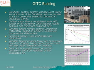 4/24/2016 Sustainable Projects in NJIT 4
GITC Building
 Buildings' control system change Duct Static
set-points for 8 Air handling units to provide
exact air quantities based on demand in
individual Zones.
 Chilled water flow is modulated with VFD,
based on Air Handling Units cooling valves
position and minimum required flow.
 Variable speed Pumps control Condenser
water flow based on Chiller’s Condenser
temperature differential.
 Pumping energy used and losses are
minimized.
 Variable Speed Cooling tower fan is operated
based on Cooling Tower performance curve
and Wet Bulb Temperature readings
 Fresh Air is supplied based on actual
occupancy and CO2 readings of the
exhausted Air.
CHWST 42Deg GITC Chiller part load CHW GPM
0
100
200
300
400
500
600
700
800
900
100%90%80%70%60%50%40%30%20%15%
0.000
0.100
0.200
0.300
0.400
0.500
0.600
0.700
Evap (gpm) Sys Perf (KW/TR)
 