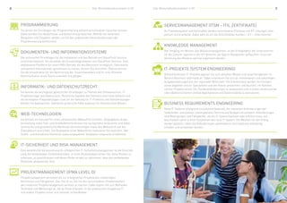 8 9Dipl. Wirtschaftsinformatiker/-in HF Dipl. Wirtschaftsinformatiker/-in HF
IT-Projekte (System Engineering)
Business Requirements Engineering
Anhand konkreter IT-Projekte eigenen Sie sich aktuelles Wissen und neue Fertigkeiten im
Bereich Business-Informatik an. Dabei orientieren Sie sich an momentanen und zukünftigen
Aufgabenstellungen aus der regionalen Wirtschaft. Die Erkenntnisse werden von Fachper-
sonen begleitet und vor Spezialisten und der Klasse präsentiert und beurteilt. Im Rahmen
solcher Projekte lernen Sie, Kundenanforderungen zu analysieren und in einem strukturierten
oder objektorientierten Umfeld Applikationen und Datenmodelle zu konzipieren.
Neue IT-Systeme erfolgreich einzuführen bedeutet, die relevanten Anforderungen der
Stakeholder umzusetzen, sowie geplante Termine und Budgets einzuhalten. Anforderungen
sind Bedingungen und Fähigkeiten, die ein IT-System besitzen oder erfüllen muss und
beschreiben somit in ihrer Gesamtheit das neue IT-System. Die Weichen für den Erfolg
werden gestellt, indem die Anforderungen systematisch und möglichst vollständig
erhoben und verstanden werden.
Knowledge Management
Der Umgang mit Wissen, das Wissensmanagement, ist der Erfolgsfaktor der Unternehmen
für die Zukunft. Speziell in der ICT Branche, wo täglich Neuigkeiten auftauchen, muss die
Verteilung des Wissens optimal organisiert werden.
Servicemanagement (ITSM – ITIL Zertifikate)
An Praxisbeispielen und Fallstudien werden verschiedene Prozesse und ICT Lösungen inter-
pretiert und erarbeitet. Dabei geht es um die Schnittstellen Kunden – ICT – Unternehmen.
Web-Technologien
IT-Sicherheit und Risk-Management
Projektmanagement (IPMA Level D)
Sie können ein Konzept für einen umfassenden Webauftritt erstellen. Vorgegebene Aufga-
benstellung sowie Text- und Grafikelemente können Sie sachgemäss analysieren und dabei
technische und gestalterische Merkmale berücksichtigen sowie den Webauftritt auf das
Zielpublikum ausrichten. Die Realisation eines Webauftritts realisieren Sie routiniert, Text-,
Grafik- und Animations-Elemente sowie vorgegebene Templates integrieren problemlos.
Eine wesentliche Voraussetzung für erfolgreiches IT-Sicherheitsmanagement ist die Einschät-
zung der bestehenden Sicherheitsrisiken. In einer Risikoanalyse lernen Sie, diese Risiken zu
erkennen, zu quantifizieren und dieses Risiko so weit zu reduzieren, dass das verbleibende
Restrisiko akzeptierbar wird.
Projektmanagement vermittelt die zur erfolgreichen Projektarbeit notwendigen
Kenntnisse und Fähigkeiten. Das Ziel ist es, Sie mit den verschiedenen Problemfeldern
des modernen Projektmanagement vertraut zu machen. Dabei eignen Sie sich Methoden,
Techniken und Werkzeuge an, die es Ihnen erlauben, in der praktischen Umgebung IT-
und andere Projekte sicher und rationell zu handhaben.
Programmierung
Dokumenten- und Informationssysteme
Informatik- und Datenschutzrecht
Sie lernen die Grundlagen der Programmierung anhand verschiedener Sprachen kennen.
Dabei werden Ihre Bedürfnisse und Vorkenntnisse beachtet. Mithilfe von konkreten
Beispielen und Projekten werden sie mit den praktischen Herausforderungen der
Programmierung konfrontiert.
Die technischen Grundlagen für die Installation und den Betrieb von SharePoint Services
sind Ihnen bekannt. Sie verstehen die Einsatzmöglichkeiten von SharePoint Services. Eine
webbasierte Plattform für einen KMU-Betrieb, die den Benutzern ermöglicht, Dokumente
und weitere Informationen gemeinsam zu nutzen, können Sie einrichten. Ebenso können
Sie die Infrastruktur für die Optimierung der Zusammenarbeit und für eine effiziente
Kommunikation eines Teams erstellen und pflegen.
Sie kennen die wichtigsten gesetzlichen Grundlagen zu Themen wie Softwareschutz, IT-
Projektverträge und Datenschutz. Rechtliche Aspekte des Internets sind Ihnen bekannt und
die wichtigsten Fragestellungen rund um die Haftung für IT-Produkte und Dienstleistungen
können Sie beantworten. Zahlreiche praktische Fälle ergänzen Ihr theoretisches Wissen.
 