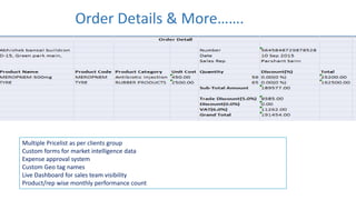 Multiple Pricelist as per clients group
Custom forms for market intelligence data
Expense approval system
Custom Geo tag names
Live Dashboard for sales team visibility
Product/rep wise monthly performance count
Order Details & More…….
 