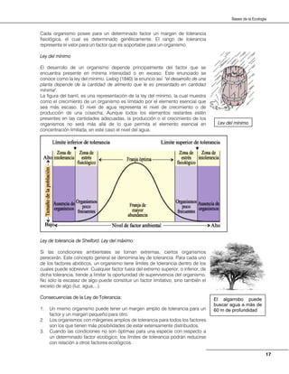 17
Bases de la Ecología
Cada organismo posee para un determinado factor un margen de tolerancia
fisiológica, el cual es determinado genéticamente. El rango de tolerancia
representa el valor para un factor que es soportable para un organismo.
Ley del mínimo
El desarrollo de un organismo depende principalmente del factor que se
encuentra presente en mínima intensidad o en exceso. Este enunciado se
conoce como la ley del mínimo. Liebig (1840) la enuncio así: "el desarrollo de una
planta depende de la cantidad de alimento que le es presentado en cantidad
mínima".
La figura del barril, es una representación de la ley del mínimo, la cual muestra
como el crecimiento de un organismo es limitado por el elemento esencial que
sea más escaso. El nivel de agua representa el nivel de crecimiento o de
producción de una cosecha; Aunque todos los elementos restantes estén
presentes en las cantidades adecuadas, la producción o el crecimiento de los
organismos no será más allá de lo que permita el elemento esencial en
concentración limitada, en este caso el nivel del agua.
Ley de tolerancia de Shelford. Ley del máximo.
Si las condiciones ambientales se tornan extremas, ciertos organismos
perecerán. Este concepto general se denomina ley de tolerancia. Para cada uno
de los factores abióticos, un organismo tiene límites de tolerancia dentro de los
cuales puede sobrevivir. Cualquier factor fuera del extremo superior, o inferior, de
dicha tolerancia, tiende a limitar la oportunidad de supervivencia del organismo.
No sólo la escasez de algo puede constituir un factor limitativo, sino también el
exceso de algo (luz, agua,...).
Consecuencias de la Ley de Tolerancia:
1. Un mismo organismo puede tener un margen amplio de tolerancia para un
factor y un margen pequeño para otro.
2. Los organismos con márgenes amplios de tolerancia para todos los factores
son los que tienen más posibilidades de estar extensamente distribuidos.
3. Cuando las condiciones no son óptimas para una especie con respecto a
un determinado factor ecológico, los límites de tolerancia podrán reducirse
con relación a otros factores ecológicos.
Ley del mínimo
El algarrobo puede
buscar agua a más de
60 m de profundidad
 