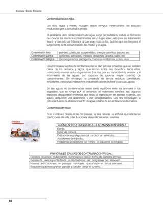 Ecología y Medio Ambiente
60
Contaminación del Agua.
Los ríos, lagos y mares, recogen desde tiempos inmemoriales, las basuras
producidas por la actividad humana.
EL problema de la contaminación del agua, surge por la falta de cultura al momento
de colocar los residuos contaminantes en un lugar adecuado para su tratamiento
futuro, y con esto contribuimos a que sean muchos los factores que se den para el
surgimiento de la contaminación del medio, y el agua.
Las principales fuentes de contaminación se dan por las industrias que se instalan
cerca de los océanos y lagos, que lanzan todos sus desechos hacia ellos,
provocando muerte de los organismos. Los ríos, por su capacidad de arrastre y el
movimiento de las aguas, son capaces de soportar mayor cantidad de
contaminantes. Sin embargo, la presencia de tantos residuos domésticos,
fertilizantes, pesticidas y desechos industriales alteran la flora y fauna acuáticas.
En las aguas no contaminadas existe cierto equilibrio entre los animales y los
vegetales, que se rompe por la presencia de materiales extraños. Así, algunas
especies desaparecen mientras que otras se reproducen en exceso. Además, las
aguas adquieren una apariencia y olor desagradables. Los ríos constituyen la
principal fuente de abastecimiento de agua potable de las poblaciones humanas.
Contaminación visual
Es el cambio o desequilibrio del paisaje, ya sea natural o artificial, que afecta las
condiciones de vida y las funciones vitales de los seres vivientes.
Contaminación física petróleo, partículas suspendidas, energía calorífica, basura, etc
Contaminación química solventes, aerosoles, metales, desechos, ácidos, sales, etc
Contaminación biológica microorganismos patógenos, bacterias coliformes, polen, virus.
¿CÓMO AFECTA LA SALUD LA CONTAMINACION VISUAL?
Estrés.
Dolor de cabeza.
Distracciones peligrosas (al conducir un vehículo).
Accidentes de tránsito.
Problemas ecológicos (se rompe el equlibrio ecológico).
PRINCIPALES CAUSAS DE CONTAMINACION VISUAL:
Excesos de avisos publicitarios (luminosos o no) en forma de carteles en vías.
Exceso de avisos publicitarios e informativos de programas por televisión.
Nuevas edificaciones en paisajes naturales que ahuyentan a los animales.
Basurales que malogran el paisaje y pueden alejar el turismo.
 