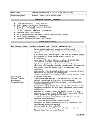 Page 2 of 6
ERP(Oracle) Oracle E-Business Suite 11i / r12 (SCM and Manufacturing)
Project Management Waterfall , Agile & SCRUM Methodologies
Professional Trainings & Certifications
 Oracle 9i administration – Oracle Certification
 RDMS Concepts – Brain bench Certifications
 Oracle OPN (Purchasing & Inventory ) Certification
 Project Management 2005
 ITIL 2011 Foundation Certification – PEOPLECERT
 Negotiation Skills - TCS Program
 IAT for Management Function Auditors: Internal Auditors Training Program
 Key Account Management – TCS Program
 Leadership Development Program– LNT Program
Achievements Summary
LNT InfoTech Limited – From May 2015 to Aug 2016 ( Team Size Handled 50 – 60+ )
Senior Project
Manager / Delivery
Management/
Technical Architect
 Manage product development teams in terms of their roles &
responsibilities, providing technical & functional inputs and inter-team co-
ordination
 RFP, Defense pitch, Oracle & Big Data sales pitch and strategies, engage
with customers and provide solution design, consulting and
recommendations.
 Lead a team of 50+ Oracle CoE team on different Oracle/Big Data
Solutions/PoCs for multiple customers and verticals.
 Big Data strategic planning, technology roadmap, talent acquisitions and
mentor team for cutting edge technology competitiveness such as Hadoop,
HIVE, HBase, Cassandra, Tableau, Spark, big data analytics, data
visualizations.
 Understand the system functionally and technically to proceed with further
enhancement and to support the existing system
 Enhanced automation of new workflows, tested and user accepted based
on the needs of the client
 Provide maintenance & support for the system to bring into effect the
frequently changed rules and regulations in a timely fashion.
 Better two way security enabled communication systems developed to
interlink multiple systems
 Owning and managing the project plan, costing, effort estimation, tracking
the project schedule, cost and effort, senior management and customer
status reporting
 Developed and enhanced budgets and revenue streams to hit yearly
projections and increase revenue 20-30% through cost savings, refining
workflow processes, and gaining new business
 Escalation management for all technical and functional issues and
responsible for issue resolution
 Proof of concepts for migration to new technologies
 Maintenance and support within defined SLA’s for the existing system
 Integral support within similar systems
 Enhanced quality and timely deliverables
 Ensuring the task is designed to run on profitability and productivity
 Managing project risks and issues effectively
 