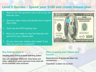 LastModified5/10/20164:33PMIndiaStandardTimePrinted
McKinsey & Company
Level 5 Success – Spend your $100 and create release plan
1. Real fun bit, the sponsors have it all to buy the
features now.
2. Sponsors take a lead and decide how to spend
their $100.
3. Team has the MVP backlog now
4. Now you are ready to map the features into
sprints for your release plan.
5. Do you have your release plan ready? If yes,
then you just won a jackpot!!!
Buy features helps in
Deciding what feature is worth spending dollars
Also with personas, MoSCoW, Wow factor and
dollar value at one place sponsors know what will
be the business value achieved.
5
Story mapping your release plan
ensures
Dependancies of stories are taken into
consideration
Time factor is taken into account
 