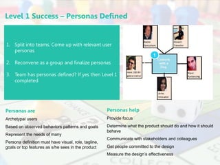 LastModified5/10/20164:33PMIndiaStandardTimePrinted
McKinsey & Company
Level 1 Success – Personas Defined
Personas are
Archetypal users
Based on observed behaviors patterns and goals
Represent the needs of many
Persona definition must have visual, role, tagline,
goals or top features as s/he sees in the product
1. Split into teams. Come up with relevant user
personas
2. Reconvene as a group and finalize personas
3. Team has personas defined? If yes then Level 1
completed
Personas help
Provide focus
Determine what the product should do and how it should
behave
Communicate with stakeholders and colleagues
Get people committed to the design
Measure the design’s effectiveness
1
 