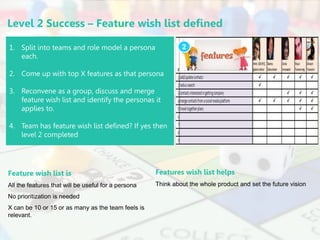 LastModified5/10/20164:33PMIndiaStandardTimePrinted
McKinsey & Company
Level 2 Success – Feature wish list defined
21. Split into teams and role model a persona
each.
2. Come up with top X features as that persona
3. Reconvene as a group, discuss and merge
feature wish list and identify the personas it
applies to.
4. Team has feature wish list defined? If yes then
level 2 completed
Feature wish list is
All the features that will be useful for a persona
No prioritization is needed
X can be 10 or 15 or as many as the team feels is
relevant.
Features wish list helps
Think about the whole product and set the future vision
 