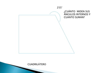 ¿CUÁNTO MIDEN SUS
ÁNGULOS INTERNOS Y
CUANTO SUMAN?
255°
CUADRILÁTERO
 