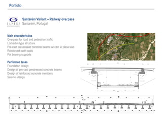 Santarém Variant – Railway overpass
Santarém, Portugal
Portfolio
Main characteristics
Overpass for road and pedestrian traffic
Locked-in type structure
Pre-cast prestressed concrete beams w/ cast in place slab
Reinforced earth walls
Pot bearing supports
Performed tasks
Foundation design
Design of pre-cast prestressed concrete beams
Design of reinforced concrete members
Seismic design
 