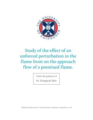 Siddharth Ratapani Navin | Premixed Flame Combustion | September 2, 2016
Study of the effect of an
unforced perturbation in the
flame front on the approach
flow of a premixed flame.
Under the guidance of
Dr. Donghyuk Shin
 