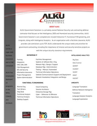 For more detailed information, please visit our website
alkugovernmentsolutions.com
Reverse Eng.
Tech Writers
Help Desk
Functional Analysis
Technical Analysis
Desktop Support
ABOUT ALKU
ALKU Government Solutions is a privately owned National Security sub-contracting defense
contractor that focuses on the Intelligence, DOD and Homeland security communities. ALKU
Government Solution’s core competencies include Enterprise IT, Functional IT/Engineering, and
Linguists, along with Intelligence Analytics. As an organization with a facilities clearance, ALKU
provides sub-contractors up to FSP, ALKU understands the unique needs and priorities for
government contracting, including the importance of mission and security-sensitive projects as
well the unique security clearance requirements.
Language Translation
Defense Network Intelligence
Translation
Language Analysis/ Analytics
Language Exploitation
Training
Integration
CNO, CAN, SAN
C&A Management
IDS and Security
Information Assurance
Project Management
System Administration
ALKU
carries a
cage code
facilities
clearance
and is FAR
compliant
ALKU has
employees
deployed
on
programs
in the
WMA,
CONUS,
and
OCONUS
Big Data
Data Science
GEOINT
HUMINT
SIGINT
IMINT
MASINT
Facilities Management
Systems & Software Dev / Eng.
Network Mgt. / Design / Support
Database Mgt. / Administration
Testing – Manual / Automated
Technical Information Operations
Satellite Communications Support and Deployment
Network Installation/ Integration and Design
ENTERPRISE IT
Cloud Computing
Solution Architects
Enterprise Storage Mgt.
Cyber – Defensive & Offensive
Technical Information Operations
FUNCTIONAL IT/ENGINEERING
INTELLIGENCE ANALYTICS
LINGUISTS
 