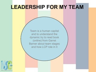 LEADERSHIP FOR MY TEAM
Team is a human capital
and to understand the
dynamic try to read book
(online) from Garret
Barner about team stages
and how LCP role in it
 