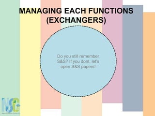 MANAGING EACH FUNCTIONS
(EXCHANGERS)
Do you still remember
S&S? If you dont, let’s
open S&S papers!
 