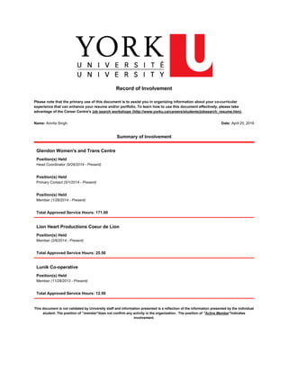 Record of Involvement
Please note that the primary use of this document is to assist you in organizing information about your co-curricular
experience that can enhance your resume and/or portfolio. To learn how to use this document effectively, please take
advantage of the Career Centre's job search workshops (http://www.yorku.ca/careers/students/jobsearch_resume.htm).
Name: Amrita Singh Date: April 25, 2016
Summary of Involvement
Glendon Women's and Trans Centre
Position(s) Held
Head Coordinator (9/26/2014 - Present)
Position(s) Held
Primary Contact (5/1/2014 - Present)
Position(s) Held
Member (1/28/2014 - Present)
Total Approved Service Hours: 171.00
Lion Heart Productions Coeur de Lion
Position(s) Held
Member (2/6/2014 - Present)
Total Approved Service Hours: 25.50
Lunik Co-operative
Position(s) Held
Member (11/28/2013 - Present)
Total Approved Service Hours: 12.50
This document is not validated by University staff and information presented is a reflection of the information presented by the individual
student. The position of "member"does not confirm any activity in the organization. The position of "Active Member"indicates
involvement.
 
