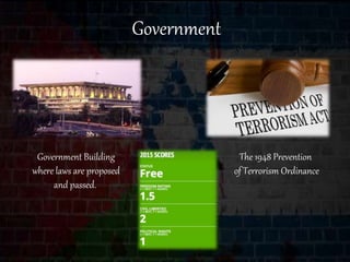 The 1948 Prevention
of Terrorism Ordinance
Government
Government Building
where laws are proposed
and passed.
 