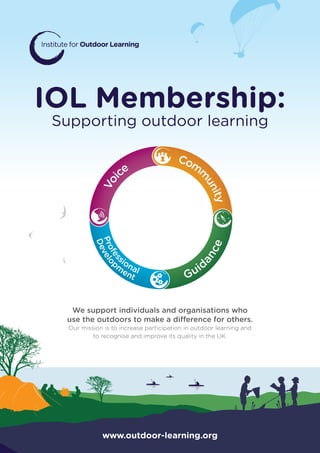 IOL Membership:
Supporting outdoor learning
We support individuals and organisations who
use the outdoors to make a difference for others.
Our mission is to increase participation in outdoor learning and
to recognise and improve its quality in the UK.
www.outdoor-learning.org
Com
m
unity
Voi
ce
Guid
ance
Develo
pm
ent
Profes
sional
N
S
EW
 