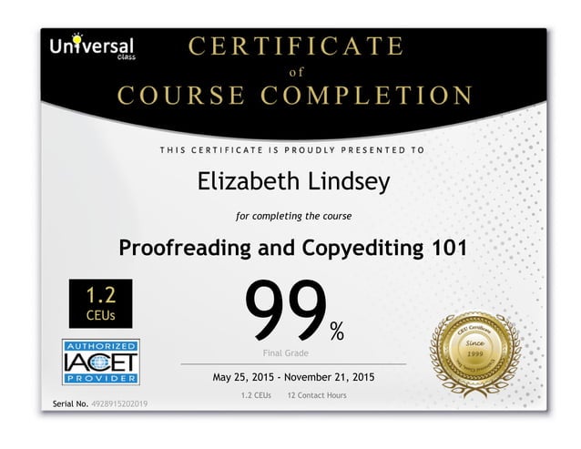 Certificate of Completion Proofreading and Copyediting 101 PPT